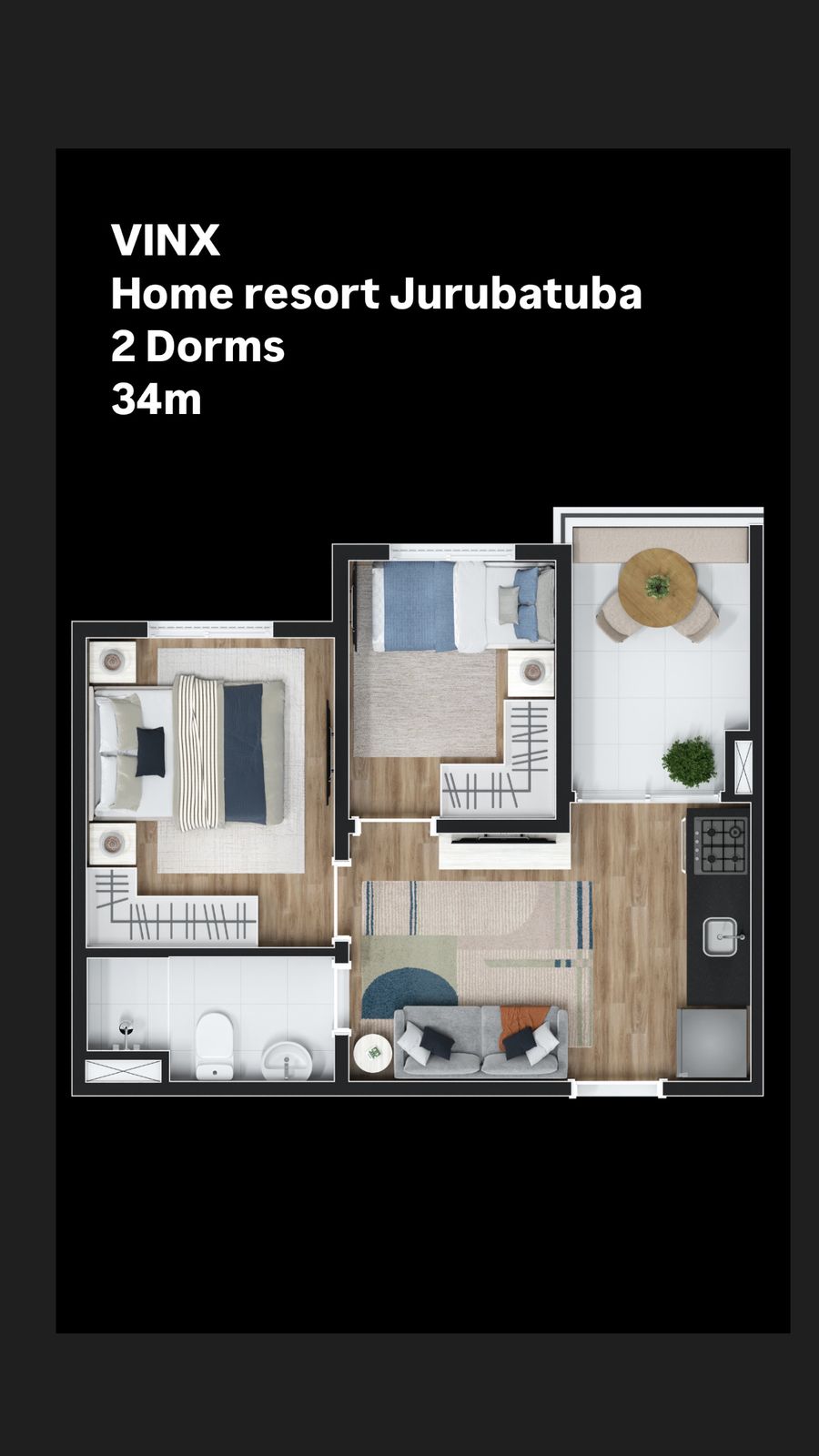 Planta de 34m² — 2 dormitórios
