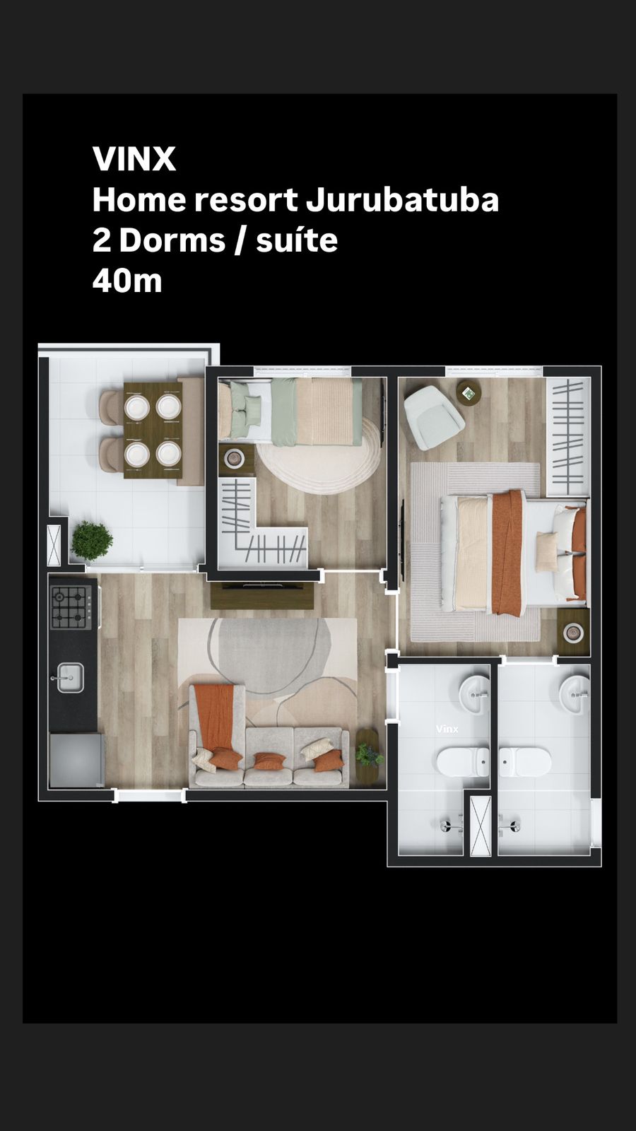 Planta de 40m² — 2 dormitórios com suíte